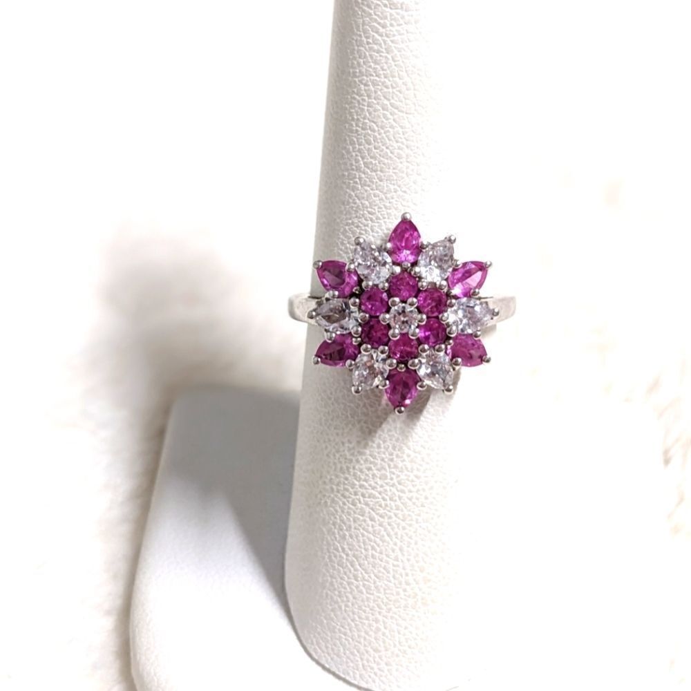 Vintage Pink & White Cubic Zirconia Ring  Rhodium Plated